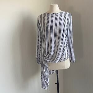 NEW YORK AND COMPANY Top Womens Sz Small Black White Stripe Asymmetrical Tie